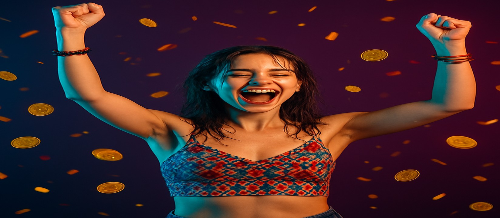 মুদ্রার ঝরনার মাঝে একটি নারী রঙিন পোশাকে উপস্থিত
